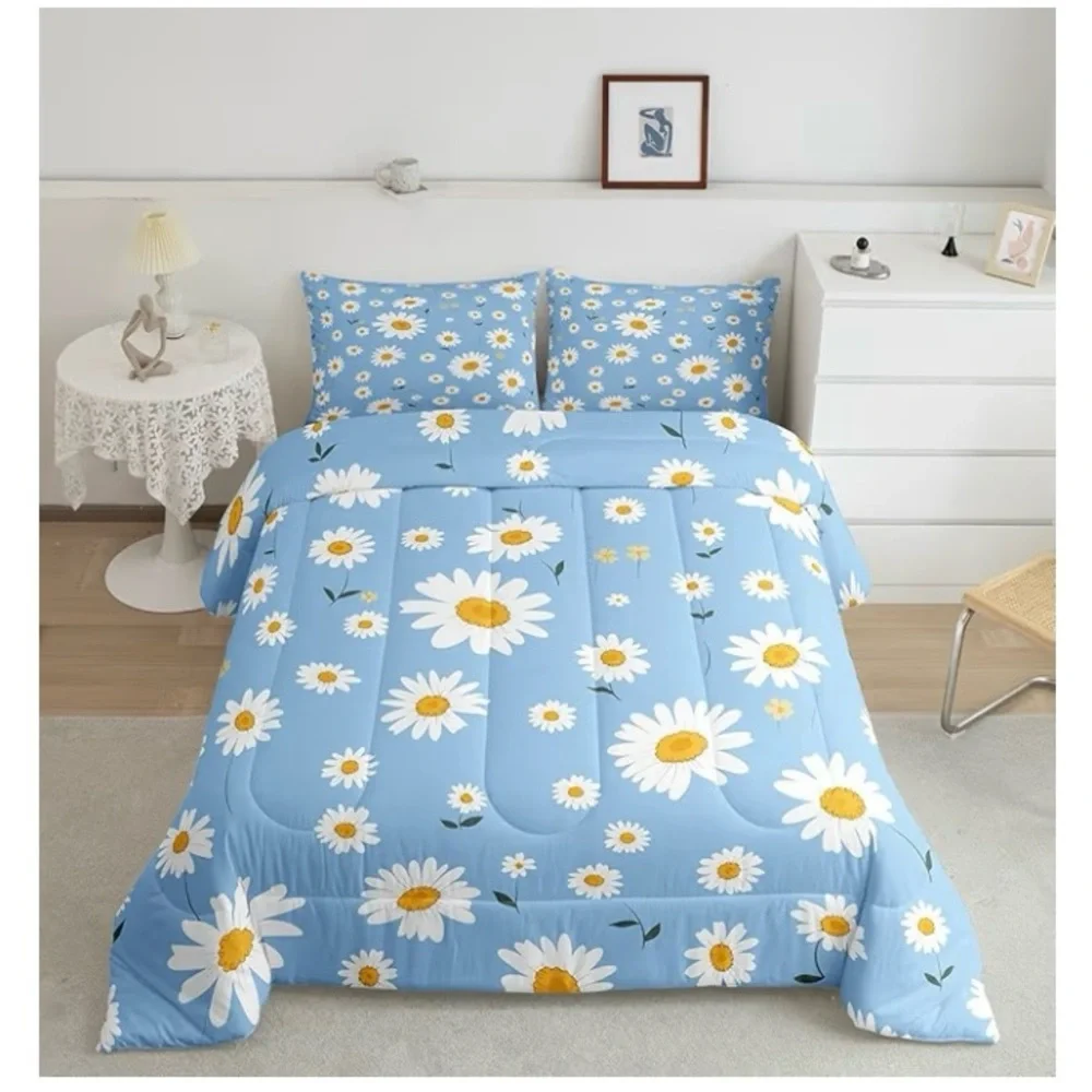 White Daisy Comforter Set Full Size, Botanical Garden Artwork with 2 Pillowcases